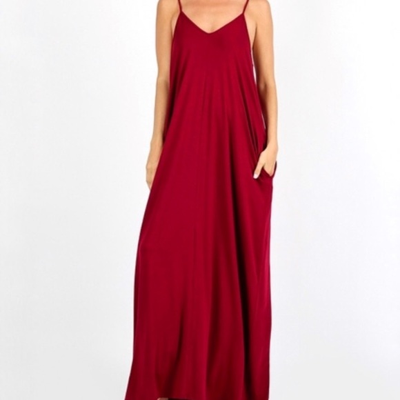 CABERNET red adjustable spaghetti strap maxi dress with pockets S M XL - Picture 2 of 6